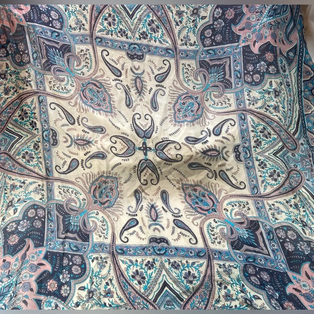 Lola + Kenni New Silk Scarf‎ Blue Paisley and Floral,  38” Square Tassles